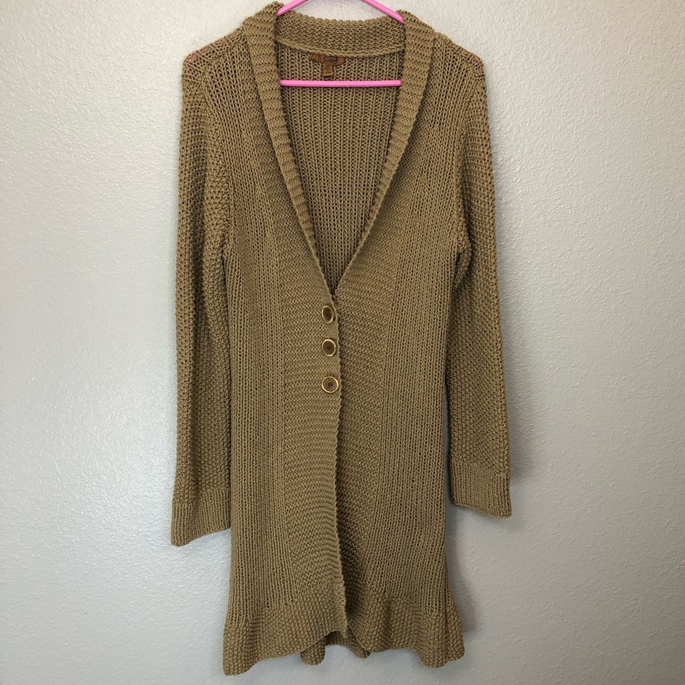 Sister Size Medium Tan Brown Knit Duster Cardigan Wooden Snap Button Closure